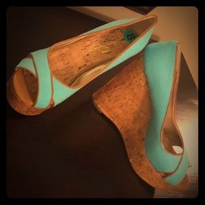Jessica Simpson peep toe wedges in turquoise.